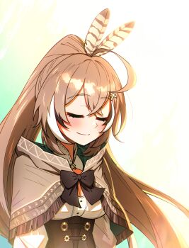 Rule 34 | 1girl, breasts, brown capelet, brown cloak, brown corset, brown hair, capelet, cloak, closed eyes, commentary, corset, ddolbang, feather hair ornament, feathers, hair ornament, hieroglyphics, highres, hololive, hololive english, light smile, long hair, medium breasts, multicolored hair, nanashi mumei, nanashi mumei (1st costume), runes, solo, streaked hair, upper body, virtual youtuber