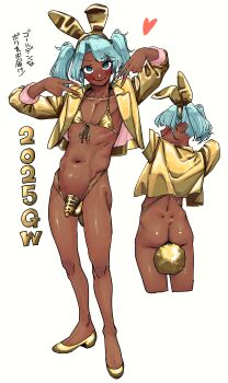 1boy 2025 absurdres anal anal_object_insertion animal_ears aqua_eyes aqua_hair arms_up bare_legs bikini bikini_under_clothes blush chastity_cage closed_mouth collarbone commentary_request covered_eyes covered_testicles cropped_jacket cropped_legs curtained_hair dark-skinned_female dark_skin dated dimples_of_venus double_v earrings fake_animal_ears from_behind front-tie_bikini_top front-tie_top full_body gold_bikini gold_chastity_cage gold_earrings gold_jacket gold_nails gold_shoes gold_theme hair_over_eyes heart highres implied_urethral_insertion invisible_floor inward_v jacket jewelry long_sleeves looking_at_viewer male_focus male_penetrated male_playboy_bunny mattsuu multiple_views nail_polish navel no_socks object_insertion on_floor open_clothes open_jacket original profile rabbit_ears rabbit_tail revealing_chastity_cage ribs shoes short_twintails sidelocks simple_background smile smirk standing sternum stud_earrings swimsuit tail toned toned_male trap twintails two-sided_fabric two-sided_jacket upturned_eyes v v-shaped_eyebrows white_background