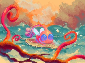 Rule 34 | absurdres, blue eyes, branch, cloud, colored skin, creature, creature focus, flower, highres, insect wings, looking ahead, lying, nintendo, no humans, on leaf, on stomach, orange sky, outdoors, pikmin (creature), pikmin (series), pikmin 3, pink flower, pink skin, river, sky, solid circle eyes, sunset, surfing, tree, waves, winged pikmin, wings, yu pikmin