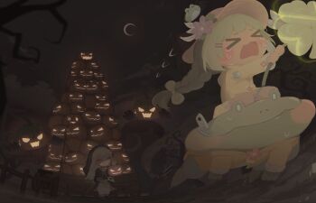 >_< 2girls absurdres bare_tree bow braid braided_ponytail clover commentary crescent_moon crying fence flower four-leaf_clover frog green_bow green_hair hair_ornament hairclip halloween hat hat_flower highres jack-o'-lantern middletwo moon multiple_girls night outdoors parallel_hairclips purple_flower riding riding_animal scared single_braid sky speaki_(trickcal) star_(sky) starry_sky tree trickcal ui_(trickcal) veil wagon white_hair zipper_pull_tab