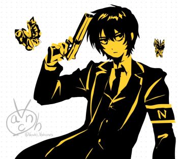 1boy :/ armband black_coat black_hair black_necktie black_vest bug butterfly coat collared_shirt cowboy_shot double-parted_bangs e.g.o_(project_moon) gun hair_between_eyes handgun holding holding_gun holding_weapon insect jitome limbus_company limited_palette looking_to_the_side male_focus monochrome necktie official_alternate_costume project_moon serious shirt short_hair solemn_lament_(e.g.o) solo vancho_vakurets vest weapon yellow_shirt yi_sang_(project_moon)