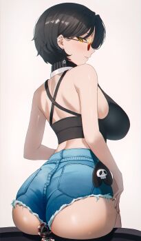 1girl absurdres arched_back ass back bare_arms bare_shoulders between_buttocks black_hair black_shirt blue_shorts breasts commission cutoffs denim denim_shorts earrings from_behind grin halterneck high-waist_shorts highres jewelry large_breasts looking_at_viewer looking_back median_furrow mole mole_under_eye original poker_chip profile rega shirt short_hair short_shorts shorts sitting sleeveless sleeveless_shirt smile solo sunglasses yellow_eyes
