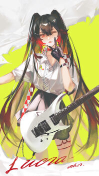 1girl ;d absurdres alternate_costume anko_(renzao19823) black_gloves black_skirt bracelet character_name choker collarbone collared_shirt colored_tips cowboy_shot crossed_bangs electric_guitar gloves gradient_hair green_background guitar guitar_strap hair_between_eyes highres instrument jewelry long_hair looking_at_viewer lucia_(pgr) miniskirt multicolored_hair one_eye_closed open_mouth pleated_skirt punishing:_gray_raven red_choker red_eyes red_hair shirt signature single_thighhigh skirt smile solo thighhighs twintails v_over_face very_long_hair white_shirt