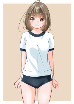 Rule 34 | 1girl, antenna hair, black buruma, border, brown background, brown hair, buruma, gym uniform, looking at viewer, original, outside border, shirt, simple background, solo, standing, white border, white shirt, yamanaka kouji (yanchiki2001)