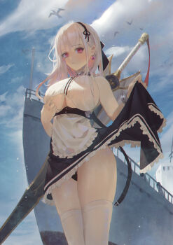 absurdres anchor_choker anchor_necklace apron azur_lane bad_id bad_pixiv_id bird black_hairband blue_sky breasts center_frills choker chromatic_aberration cirilla_lin cleavage clothing_cutout cloud cruiser dido_(azur_lane) earrings frilled_choker frills hairband heart highres jewelry lace-trimmed_hairband lace_trim large_breasts maid_apron military military_vehicle necklace red_eyes seagull ship shirt short_hair sideboob sky sleeveless sleeveless_shirt solo thighhighs underboob underboob_cutout waist_apron warship watercraft white_apron white_hair white_thighhighs