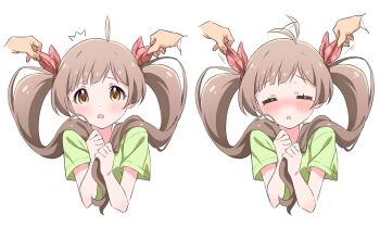 1girl 1other ahoge blush brown_eyes brown_hair closed_eyes cropped_torso disembodied_hand facing_viewer goma_konbu green_shirt hakozaki_serika idolmaster idolmaster_million_live! long_hair looking_at_viewer pulling shirt simple_background twintails white_background