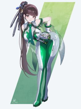 1girl absurdres arm_under_breasts black_choker blood_edge_(stellar_blade) blush bodysuit breasts brown_eyes brown_hair choker commentary eve_(stellar_blade) fingerless_gloves full_body gloves goddess_of_victory:_nikke green_background green_bodysuit green_necktie grey_background hand_on_own_hip high_ponytail highres lace lace_choker leaning_forward long_hair looking_at_viewer maya_(m4yatic) medium_breasts multicolored_bodysuit necktie parted_lips planet_diving_suit_(7th)_(stellar_blade) ponytail signature silver_bodysuit simple_background skin_tight sleeveless sleeveless_bodysuit smile solo standing stellar_blade thigh_gap two-tone_background two-tone_bodysuit white_gloves wing_collar