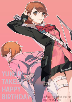 2girls absurdres adjusting_hair archery_shooting_glove arrow_(projectile) back-to-back belt birthday black_gloves black_jacket black_skirt bodysuit bow bow_(weapon) bowtie brown_eyes brown_hair capelet cardigan character_name closed_mouth collared_shirt commentary_request dual_persona earrings evoker feet_out_of_frame gekkoukan_high_school_uniform gloves hand_on_own_thigh happy_birthday highres holding holding_bow_(weapon) holding_weapon holster jacket jewelry leaning_forward looking_at_viewer looking_back miniskirt multiple_girls open_clothes open_jacket otoseto partially_fingerless_gloves persona persona_3 persona_3_reload persona_4:_the_ultimate_in_mayonaka_arena persona_4:_the_ultimax_ultra_suplex_hold pink_background pink_bodysuit pink_capelet pink_cardigan pink_skirt pleated_skirt quiver red_bow red_bowtie ribbed_cardigan school_uniform shirt shirt_under_sweater short_hair skirt smile stud_earrings takeba_yukari thigh_holster thighs tokusatsu weapon white_belt white_gloves white_shirt