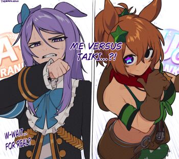 Rule 34 | 2girls, animal ears, aqua bow, aqua ribbon, armband, bandana, bandeau, bare shoulders, black jacket, blue eyes, bow, bowtie, breasts, brown gloves, brown hair, clenched teeth, closed mouth, coat, colt single action army, commentary, cowboy hat, ear bow, ear ribbon, english commentary, english text, frilled coat, frilled jacket, frills, gloves, green armband, green bandeau, green skirt, gun, hair ornament, handgun, hat, hat on back, highres, holstered, horse ears, horse girl, jacket, large breasts, long hair, long sleeves, mejiro mcqueen (frontline elegance) (umamusume), mejiro mcqueen (umamusume), midriff, multiple girls, open mouth, ponytail, purple eyes, purple hair, red bandana, revolver, ribbon, sheriff badge, shirt, skirt, smile, star-shaped pupils, star (symbol), star hair ornament, striped clothes, striped shirt, sweat, symbol-shaped pupils, taiki shuttle (umamusume), taiki shuttle (wild frontier) (umamusume), teeth, umamusume, weapon, yoako