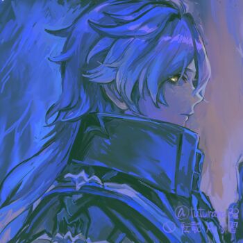 1boy blue_hair blue_jacket closed_mouth collared_jacket flins_(genshin_impact) genshin_impact highres jacket long_hair looking_at_viewer male_focus parted_bangs profile solo tuturara33 twitter_username upper_body yellow_eyes