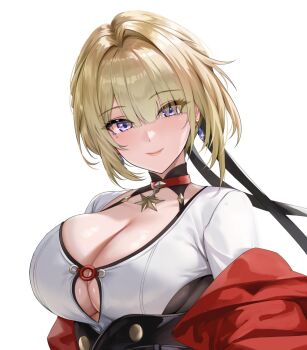 1girl blonde_hair breasts choker cleavage earrings evelyn_chevalier glint hair_between_eyes hair_intakes highres jewelry large_breasts mole mole_under_eye o-ring o-ring_top purple_eyes red_choker shirt short_hair simple_background smile solo toyoman upper_body white_background white_shirt zenless_zone_zero