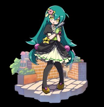 1girl ahoge aqua_hair barbiena_(merc_storia) black_background black_pantyhose brick_wall building collared_dress dress flats flower full_body gun hair_between_eyes hair_flower hair_ornament head_tilt holding holding_gun holding_weapon long_hair low-tied_long_hair low_twintails merc_storia merc_storia_art_team official_art open_mouth pantyhose puffy_short_sleeves puffy_sleeves raised_inner_eyebrows shoes short_sleeves simple_background solo standing stone_floor tachi-e tree twintails very_long_hair weapon yellow_eyes yellow_shoes