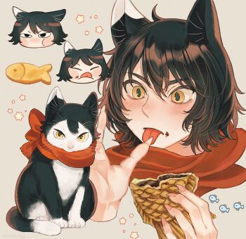 1girl :p :q alt_text animal_ears animalization black_hair blush bow cat cat_ears cat_girl chibi chibi_inset closed_eyes commentary_request dungeon_meshi ears_down fingernails food food_on_face grey_background hair_between_eyes hands_up highres holding holding_food izutsumi licking licking_finger long_fingernails looking_down mismatched_animal_ear_colors multiple_views pout red_scarf sasakura34 scarf scarf_bow short_hair simple_background star_(symbol) taiyaki tongue tongue_out wagashi yellow_eyes