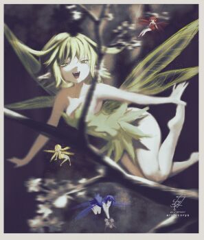 4girls ars_lycorys artist_name black_souls blonde_hair blue_dress blue_hair blue_wings branch commentary dress english_commentary fairy feet forest green_dress green_eyes green_hair green_wings leaf_(black_souls) multiple_girls nature open_mouth red_dress red_hair red_wings signature thighs wings yellow_dress yellow_wings