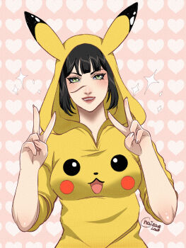 1girl 2024 absurdres animal_ear_hood baldur&#039;s_gate baldur&#039;s_gate_3 black_hair breasts chai_rae commentary double_v dungeons_&amp;_dragons dungeons_&amp;_dragons english_commentary facial_scar fake_animal_ears gen_1_pokemon green_eyes heart heart_background highres hood hoodie medium_breasts nintendo open_mouth pikachu pokemon scar scar_on_cheek scar_on_face scar_on_nose shadowheart_(baldur&#039;s_gate) signature sleeves_rolled_up smile solo sparkle upper_body v yellow_hoodie