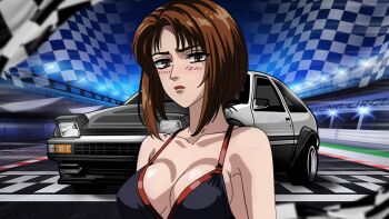 1girl ae86 alternate_costume artist_request blunt_bangs bob_cut bra breasts brown_eyes brown_hair car cleavage cosplay duplicate initial_d lipstick looking_at_viewer makeup medium_breasts midriff mogi_natsuki motor_vehicle race_queen race_track race_vehicle racecar racetrack short_hair source_request swimsuit toyota toyota_sprinter_trueno underwear