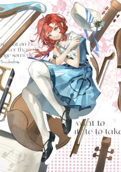 1girl absurdres barcarola_(reverse:1999) black_shoes blue_eyes blue_shirt blue_skirt bow_(music) closed_mouth crossed_arms dixie_cup_hat english_text floating full_body halftone halftone_background hands_on_own_shoulders hat highres instrument knees_up long_braid looking_at_viewer military_hat pantyhose red_hair reverse:1999 sailor_collar shirt shoes skirt sleeveless sleeveless_shirt smile solo unworn_hat unworn_headwear violin white_hat white_pantyhose wu_fuzuoyong