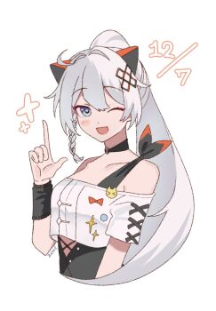 Rule 34 | 1girl, ;o, ahoge, alternate costume, arm warmers, bare shoulders, black shirt, blue eyes, breasts, commentary request, crop top, cropped torso, dated, high ponytail, highres, honkai (series), honkai impact 3rd, kiana kaslana, long hair, looking at viewer, medium breasts, one eye closed, ponytail, shirt, simple background, solo, sui mei, very long hair, white background, white hair