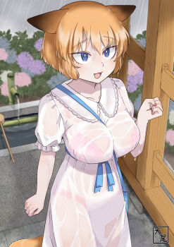 1girl :3 :d absurdres animal_ears bag between_breasts blonde_hair blue_eyes bra breasts commentary_request dress fang flower fox_ears fox_girl fox_tail hair_between_eyes highres ladle large_breasts murakami_kou_(raye) open_mouth original panties puffy_short_sleeves puffy_sleeves rain red_bra red_panties see-through_clothes see-through_dress short_hair short_sleeves shoulder_bag smile solo strap_between_breasts tail underwear water_drop wet wet_clothes wet_dress white_dress