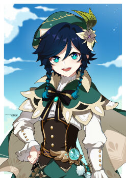 1boy absurdres androgynous aqua_eyes aqua_gem aqua_pupils artist_name ascot baggy_shorts beret black_bow black_bowtie black_hair blue_hair blue_sky border bow bowtie braid brown_corset buttons cape clenched_hand cloud cloudy_sky collared_cape commentary corset cowboy_shot day english_commentary feathers flower frills gem genshin_impact gold_trim gradient_hair green_cape green_hat green_shorts hair_between_eyes hair_flower hair_ornament hand_on_own_hip hat hat_ornament highres jewelry leaf_hair_ornament lkari_shi long_sleeves looking_at_viewer male_focus multicolored_hair open_mouth outdoors outside_border pendant pom_pom_(clothes) puffy_long_sleeves puffy_sleeves shirt short_hair shorts signature sky smile solo standing striped_bow striped_bowtie striped_clothes teeth tongue twin_braids two-sided_cape two-sided_fabric venti_(genshin_impact) vision_(genshin_impact) watermark white_ascot white_border white_shirt yellow_cape yellow_flower