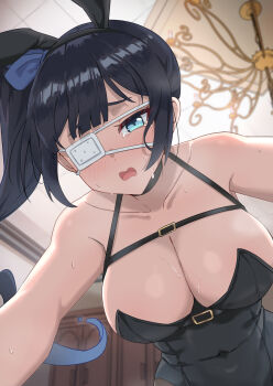 1girl absurdres alternate_costume animal_ear_hairband animal_ears bare_shoulders black_hair black_leotard black_pantyhose blue_eyes blush breasts cabinet chandelier chest_strap cleavage collarbone commentary covered_navel crying crying_with_eyes_open eyepatch fake_animal_ears from_below furrowed_brow hairband highres indoors korean_commentary large_breasts leotard long_hair looking_at_viewer medical_eyepatch nukenuke0209 one_eye_covered open_mouth pantyhose playboy_bunny rabbit_ears sidelocks solo strap sweat tears trickcal wavy_mouth xion_(trickcal)