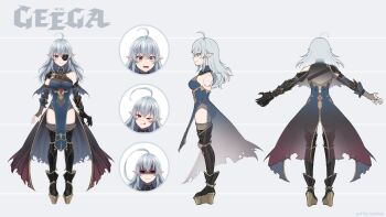 1girl ahoge armor ass back black_gauntlets blue_dress blue_eyes breasts clawed_gauntlets cleavage dress eyepatch from_side full_body gauntlets general_geega grey_background grey_hair hair_ornament heterochromia highres indie_virtual_youtuber large_breasts leg_armor leotard loincloth long_hair multiple_expressions official_art one_eye_closed open_mouth pointy_ears red_eyes reference_sheet see-through_cleavage see-through_clothes see-through_leotard shoulder_armor single_gauntlet smile surprised szainx thighs tongue tongue_out tsunooki virtual_youtuber