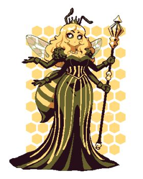 1girl 2026 antennae arthropod_girl artist_name bee_girl black_dress black_gloves black_sclera blonde_hair colored_sclera colored_skin commentary crown dress english_commentary extra_arms full_body gloves highres holding holding_staff honeycomb_(pattern) honeycomb_background insect_girl insect_wings jewelry long_dress mismatched_eyebrows necklace original pixel_art solo staff stinger thisislux white_eyes wings yellow_skin