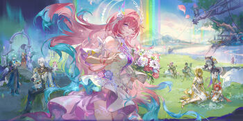 4boys 6+girls aglaea_(honkai:_star_rail) anaxa_(honkai:_star_rail) astral_express_(honkai:_star_rail) bare_shoulders breasts castorice_(honkai:_star_rail) cerydra_(honkai:_star_rail) chimera_(wuthering_waves) chrysos_heirs_(honkai:_star_rail) commentary cyrene_(honkai:_star_rail) cyrene_(ripples_of_past_reverie)_(honkai:_star_rail) dan_heng_(honkai:_star_rail) dan_heng_(permansor_terrae)_(honkai:_star_rail) dress english_commentary evernight_(honkai:_star_rail) fire_emblem fire_emblem_cipher flower gradient_hair hair_flower hair_ornament halo halo_behind_head highres honkai:_star_rail honkai_(series) hyacine_(honkai:_star_rail) hysilens_(honkai:_star_rail) little_ica_(honkai:_star_rail) long_hair looking_at_viewer march_7th_(honkai:_star_rail) medium_breasts multicolored_hair multiple_boys multiple_girls mydei_(honkai:_star_rail) nintendo one_eye_closed open_mouth phainon_(honkai:_star_rail) pink_hair pink_petals purple_eyes qingming_tiaohetu rainbow smile split_theme stelle_(honkai:_star_rail) trailblazer_(honkai:_star_rail) tribbie_(honkai:_star_rail) white_dress