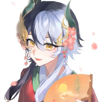 1boy anyan44993 aqua_eyeliner black_hair cherry_blossoms chinese_clothes chinese_commentary closed_mouth commentary_request eyelashes eyeliner facepaint flower folding_fan hair_flower hair_ornament hair_tubes hand_fan hanfu happy highres holding holding_fan infinity_nikki lipstick long_sidelocks long_sleeves makeup male_focus multicolored_hair nail_polish nikki_(series) official_alternate_costume petals pink_flower pink_nails red_hanfu red_lips short_hair_with_long_locks sidelocks simple_background smile solo split-color_hair tan_youyou_(infinity_nikki) two-tone_hair upper_body white_background yellow_eyes