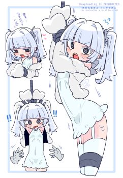! !! 1boy :o @_@ arched_back armpits arms_up bare_shoulders black_bra black_panties blunt_bangs blush bound bound_wrists bow bra bulge chibi choker commentary covered_navel cowboy_shot crossdressing crossdressing_(mtf) disembodied_hand dress ear_piercing eve_(op_na_yarou) fangs flying_sweatdrops fur-trimmed_jacket fur_trim furrowed_brow garter_straps grey_bow grey_choker grey_eyes hair_intakes hair_tie hands_up heart highres jacket long_sleeves looking_at_viewer male_focus medium_hair microdress mole mole_under_eye motion_lines multiple_views no_nose notched_ear off_shoulder op_na_yarou open_clothes open_jacket open_mouth original panties piercing see-through_clothes see-through_dress sidelocks simple_background sleeveless sleeveless_dress sleeves_past_fingers sleeves_past_wrists standing surprised sweat sweatdrop teeth thighhighs thighs trap two_side_up underwear upper_body v-shaped_eyebrows watermark white_background white_dress white_hair white_jacket white_thighhighs