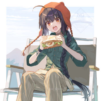 1other ahoge beanie black_hair blue_sky bracelet braid bread brown_choker choker collared_shirt earflap_beanie eating egg_(food) fate/grand_order fate_(series) food green_shirt grey_overalls hair_over_shoulder hat highres holding holding_food holding_sandwich jewelry lettuce long_braid mountain orange_eyes orange_hat overalls pants pinstripe_pattern sandwich shirt sidelocks single_braid sitting sky solo striped_clothes striped_pants sweatband vertical-striped_clothes vertical-striped_pants yamato_takeru_(fate) yamato_takeru_(over_the_same_sky)_(fate) you_(outtune)