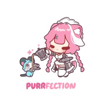 Rule 34 | 1girl, animal ear fluff, animal ears, blush, braid, chibi, chibi only, closed eyes, closed mouth, commentary, cup, decrilus, english commentary, english text, failure, full body, hair ornament, highres, holding, holding teapot, hololive, hololive english, long hair, maid, maid headdress, multicolored hair, panther ears, panther girl, panther tail, pink hair, pouring, pun, raora panthera, saucer, simple background, solo, standing, streaked hair, tail, teacup, teapot, thighhighs, twin braids, virtual youtuber, white background, white streaks, white thighhighs, x hair ornament