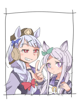 Rule 34 | 2girls, alternate hairstyle, animal ears, beer hsk, bow, braid, brown hat, closed mouth, commentary request, ear covers, ear ribbon, gold ship (umamusume), green ribbon, grey hair, grin, hair bow, hair over shoulder, hat, horse ears, long hair, long sleeves, mejiro mcqueen (umamusume), mini hat, multiple girls, puffy long sleeves, puffy sleeves, purple eyes, purple hair, purple shirt, red bow, red eyes, ribbon, school uniform, shirt, short eyebrows, single braid, smile, swept bangs, thick eyebrows, tracen school uniform, umamusume, upper body, white background, white bow