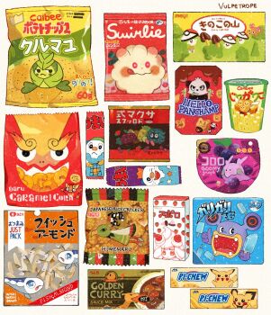 alcremie alcremie_(strawberry_sweet) alcremie_(vanilla_cream) apollo_chocolate banana box brand_name_imitation calbee_(potato_chips) candy charizard charmander chewing_gum chips_(food) chocolate combee commentary curry curry_rice darmanitan darmanitan_(standard) daruma_doll darumaka dried_fish english_commentary exploud food food_focus foongus fruit fujiya gari_gari-kun gen_1_pokemon gen_2_pokemon gen_3_pokemon gen_4_pokemon gen_5_pokemon gen_6_pokemon gen_7_pokemon gen_8_pokemon goomy hello_panda hi-chew highres jagarico kinoko_no_yama kororo_(candy) mango meiji_(brand) morinaga_(brand) nintendo no_humans oshawott pancham paras parody peko-chan pichu pikachu plastic_wrap pokemon pokemon_(creature) popsicle potato_chips qoo_(character) rice sakuma_drops senbei simple_background slime_(substance) still_life swadloon swirlix tangela thumbs_up tohato_caramel_corn umaemon umaibou vulpetrope wishiwashi wishiwashi_(solo) xatu