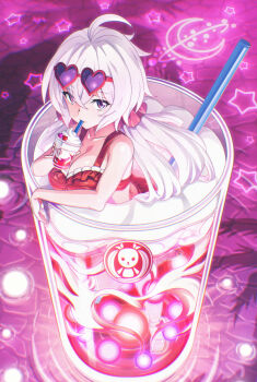 1girl ahoge bikini breasts cleavage crescent cup disposable_cup drink drinking_straw eyewear_on_head food frappuccino heart heart-shaped_eyewear holding holding_cup in_food large_breasts long_hair purple_eyes red_bikini sandals senki_zesshou_symphogear solo sunglasses swimsuit uganda_(ugandam_00) whipped_cream white_hair yukine_chris