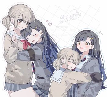 2girls azusawa_kohane black_hair blue_hair blush brown_cardigan brown_eyes brown_hair cardigan closed_eyes closed_mouth collared_shirt commentary earrings flying_sweatdrops gradient_hair grey_cardigan grid_background hair_ornament hairclip hashtag-only_commentary heart highres hug jewelry m_(mmupk) multicolored_hair multiple_girls neckerchief parted_lips project_sekai red_neckerchief sailor_collar school_uniform serafuku shiraishi_an shirt short_twintails stud_earrings sweatdrop twintails white_background white_sailor_collar white_shirt yellow_eyes yuri