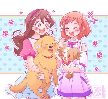2girls :3 :d ^_^ animal artist_logo bare_shoulders blue_background blue_shorts blush blush_stickers border bow bright_pupils brown_fur brown_hair cherrieflavors closed_eyes clothing_cutout commentary cowboy_shot dog dot_nose double-parted_bangs facing_another frilled_shirt frilled_sleeves frills hair_ornament hairband hairclip happy heart heart_background heart_hair_ornament highres holding holding_animal holding_dog in-franchise_crossover inukai_iroha inukai_komugi inukai_komugi_(dog) kimi_to_idol_precure kyuutarou_(precure) logo long_hair looking_at_another multicolored_fur multiple_dogs multiple_girls neck_ribbon notice_lines open_mouth orange_hair outline outside_border papillon_(dog) paw_print paw_print_background paw_up pink_bow pink_hair pink_hairband pink_ribbon pink_shirt precure puffy_short_sleeves puffy_sleeves purple_shorts red_eyes ribbon sakura_uta_(precure) shirt short_hair_with_long_locks short_sleeves shorts shoulder_cutout side-by-side smile sparkle standing suspender_shorts suspenders tail teeth tongue tongue_out upper_teeth_only white_border white_outline white_shirt wonderful_precure! yellow_pupils