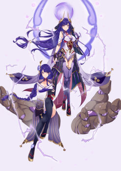 2girls absurdres ankle_flower armor artist_name braid breasts bridal_gauntlets choker cleavage crossed_arms disembodied_hand doll_joints dual_persona electricity expressionless floating flower full_body genshin_impact gold_trim hair_flower hair_ornament highres japanese_clothes joints kimono kitsun8 large_breasts leotard long_hair looking_at_viewer low-braided_long_hair low-tied_long_hair magic_circle mitsudomoe_(shape) mole mole_under_eye multiple_girls obi obiage obijime official_alternate_costume pauldrons purple_background purple_eyes purple_flower purple_hair purple_kimono purple_leotard purple_thighhighs raiden_shogun raiden_shogun_(magatsu_mitake_narukami_no_mikoto) red_ribbon ribbon ribbon_choker sandals sash serious shoulder_armor shrug_(clothing) signature simple_background single_braid single_pauldron sitting standing tassel thighhighs tomoe_(symbol) very_long_hair