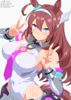Rule 34 | 1girl, ahoge, animal ears, bare shoulders, blue eyes, blush, breasts, brown hair, closed mouth, commentary request, detached sleeves, double v, grey hairband, grey leotard, grey skirt, grey sleeves, hair between eyes, hairband, highleg, highleg leotard, highres, horse ears, horse girl, horse tail, large breasts, leotard, long hair, looking at viewer, lowleg, lowleg skirt, mihono bourbon (mb-19890425) (umamusume), mihono bourbon (umamusume), necktie, pink necktie, silver hairband, simple background, skirt, solo, tail, thighhighs, umamusume, v, white background, white leotard, white thighhighs, yamaboshi ryuu