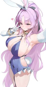 1girl :> absurdres animal_ears armpits black_ribbon blue_dress blush breasts commentary covered_navel dress elbow_gloves gdd_(vkejr702) gloves grey_eyes hair_intakes hair_ribbon heart high_ponytail highres huge_breasts korean_commentary lace lace-trimmed_gloves lace_trim long_hair looking_at_viewer mixed-language_commentary mole mole_on_thigh parted_bangs pink_hair ponytail rabbit_ears rabbit_tail ribbon selfie shia_(stella_sora) simple_background skindentation smile solo stella_sora tail taking_picture v v_over_eye very_long_hair white_background white_gloves