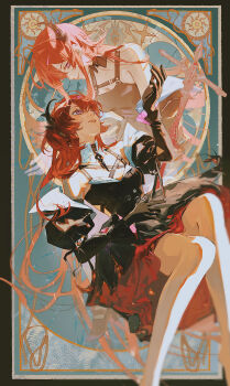 2girls absurdres ainimo5 arknights arknights:_endfield bare_shoulders black_coat black_dress black_gloves chinese_commentary coat commentary_request demon_girl demon_horns dress eye_contact gloves hair_over_one_eye highres horns laevatain_(arknights) long_hair looking_at_another looking_down looking_up multiple_girls off_shoulder official_art purple_eyes red_hair sitting smile surtr_(arknights) sword thighs weapon