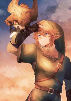 Rule 34 | 1boy, 1girl, blonde hair, blue eyes, closed mouth, cloud, cloudy sky, collared shirt, colored sclera, earrings, fang, fingerless gloves, frown, gloves, green hat, green tunic, hair between eyes, hashtag-only commentary, hat, height difference, helmet over one eye, highres, jewelry, link, midna, naltu101, nintendo, phrygian cap, pointy ears, red eyes, shading eyes, shirt, short hair, shortstack, sky, the legend of zelda, the legend of zelda: twilight princess, tunic, white shirt, yellow sclera