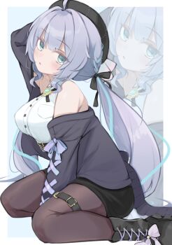 absurdres ahoge arm_behind_head arm_between_legs bare_shoulders beret black_cardigan black_ribbon black_shorts blue_eyes blush boots breast_pocket breasts brown_pantyhose cardigan cardigan_partially_removed character_background chest_jewel collared_shirt commentary_request drill_hair drill_sidelocks full_body grey_hair hair_between_eyes hair_intakes hair_ribbon hat head_tilt highres kneeling lace-up_boots looking_at_viewer loose_hair_strand lunar_el_vrc medium_breasts neck_ribbon open_cardigan open_clothes pantyhose pocket ramune_(vrchat) ribbon shirt shorts sidelocks simple_background sleeveless sleeveless_shirt thigh_strap thighs twintails vrchat white_shirt