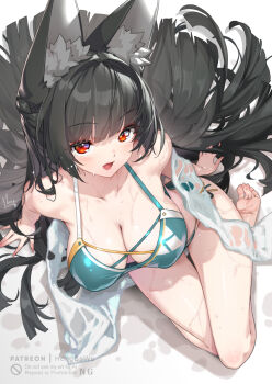 1girl alternate_breast_size_(larger) alternate_costume animal_ears aqua_bikini bare_shoulders barefoot bikini black_hair breasts commentary_request fox_ears fox_girl from_above highres hong_(white_spider) hoshimi_miyabi large_breasts long_hair looking_up open_mouth red_eyes signature solo swimsuit thighs very_long_hair zenless_zone_zero