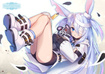 Rule 34 | 1girl, animal ears, artist request, ass, bandage over one eye, bandages, bike shorts, black shorts, blue eyes, blue hair, boots, commentary request, copyright name, doll joints, ear tag, elbow gloves, gloves, highres, holding, holding stuffed toy, hugging object, joints, knees up, little witch nobeta, long hair, looking at viewer, lying, monica (little witch nobeta), official art, on back, rabbit ears, short shorts, shorts, smile, solo, stuffed animal, stuffed toy, tabard, teddy bear, thighs, two side up, very long hair, white boots, white gloves, white tabard