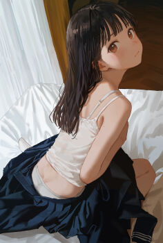 1girl akipeko black_hair blue_skirt brown_eyes camisole closed_mouth commentary_request highres long_hair looking_at_viewer mole mole_on_arm on_bed open_clothes open_skirt original panties pleated_skirt sitting skirt solo underwear wariza white_camisole white_panties