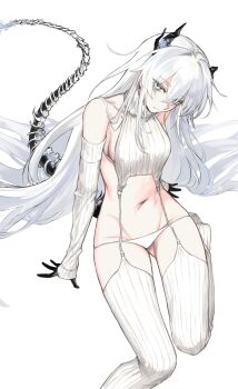 1girl absurdres black_horns black_tail breasts cropped_sweater detached_sleeves feet_out_of_frame garter_belt highres horns indie_virtual_youtuber long_hair long_sleeves looking_at_viewer medium_breasts micro_panties navel panties seol_(teacuppity)_(vtuber) simple_background skeletal_tail sleeveless sleeveless_sweater smile solo sweater tail thighhighs tsu_(lovesick1964) turtleneck turtleneck_sweater underwear very_long_hair virtual_youtuber white_background white_eyes white_hair white_panties white_sleeves white_sweater white_thighhighs