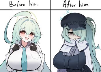1girl 2girls absurdres ahoge aqua_hair aqua_necktie before_and_after blue_archive blush breasts gloves hair_ornament hair_over_one_eye halo hat highres hiyori_(blue_archive) huge_ahoge huge_breasts long_hair multiple_girls necktie newsboy_cap open_mouth sad scarf shirt side_ponytail silenzuka tareme white_shirt yellow_eyes yellow_halo yume_(blue_archive)