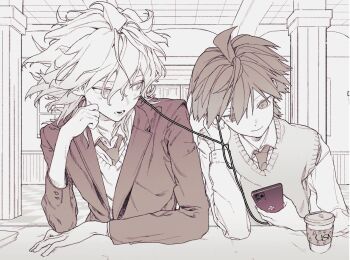2boys ahoge blazer brown_eyes brown_hair brown_theme cellphone closed_mouth collared_shirt commentary_request cup danganronpa_(series) danganronpa_3_(anime) disposable_coffee_cup disposable_cup earphones hair_between_eyes hand_on_own_cheek hand_on_own_face hand_on_table highres holding holding_phone implied_yaoi jacket komaeda_nagito limited_palette long_sleeves looking_at_object male_focus medium_hair messy_hair multiple_boys naegi_makoto necktie open_mouth phone redramcvcvcv shared_earphones sharing shirt short_hair sitting smile sweater_vest upper_body white_hair