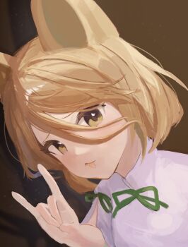 Rule 34 | 1girl, :3, animal ears, ao hoshi, blonde hair, brown background, commentary request, fox ears, fox girl, fox shadow puppet, green ribbon, hair between eyes, head tilt, highres, kudamaki tsukasa, long hair between eyes, looking at viewer, open mouth, ribbon, romper, shadow, short hair, short sleeves, simple background, sleeve ribbon, solo, touhou, upper body, white romper, yellow eyes